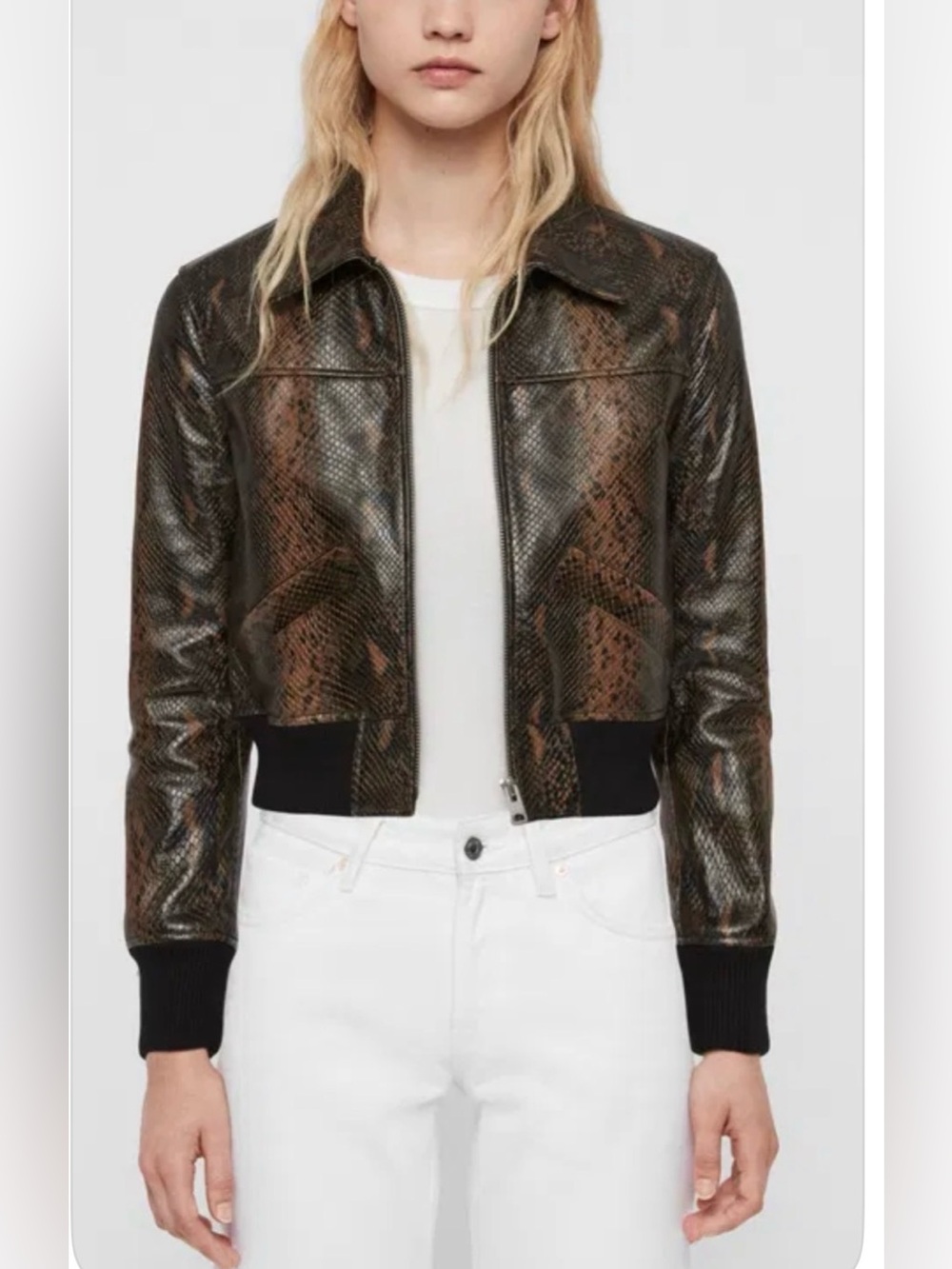 All Saints The Pascao Oba Bomber slim fit Jacket brown snake print leather coat
